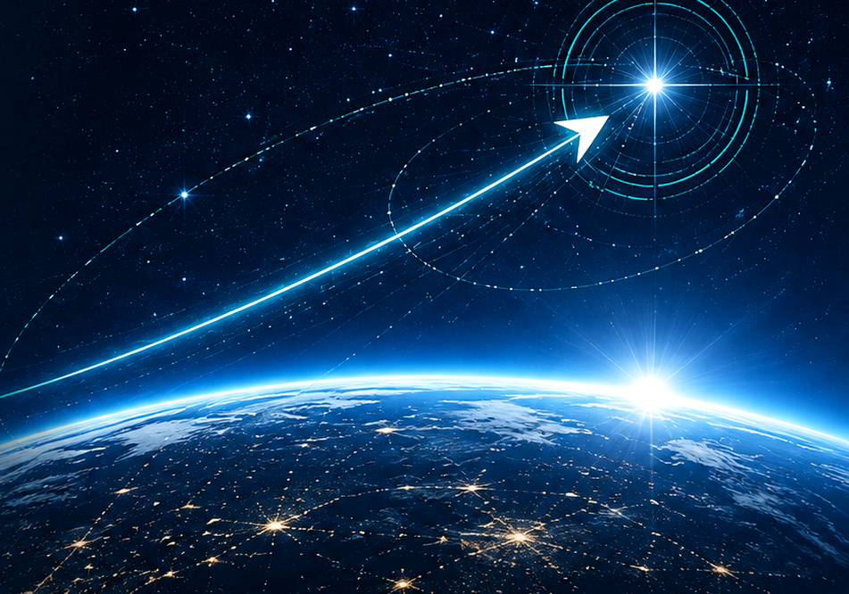 Earth from space with a rising trajectory toward a bright destination